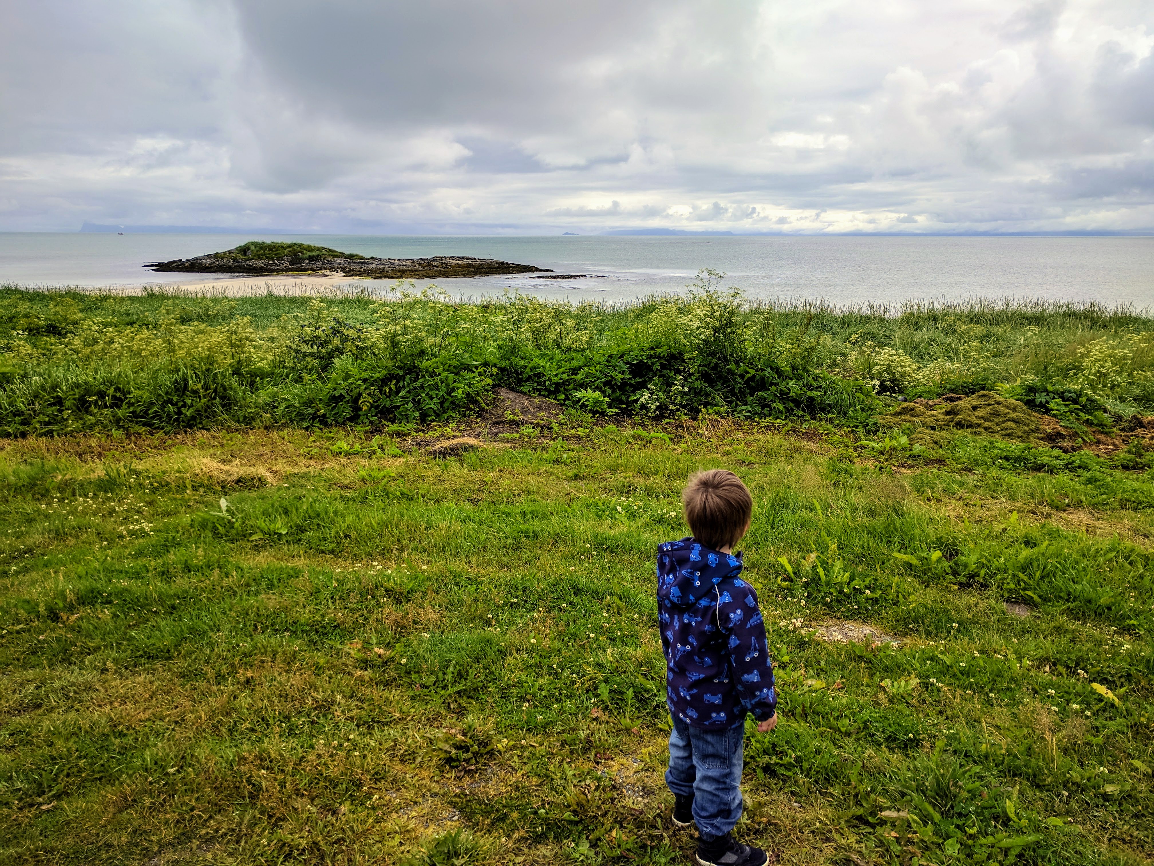 En liten gutt som står på gress nært et hav og ser utover.