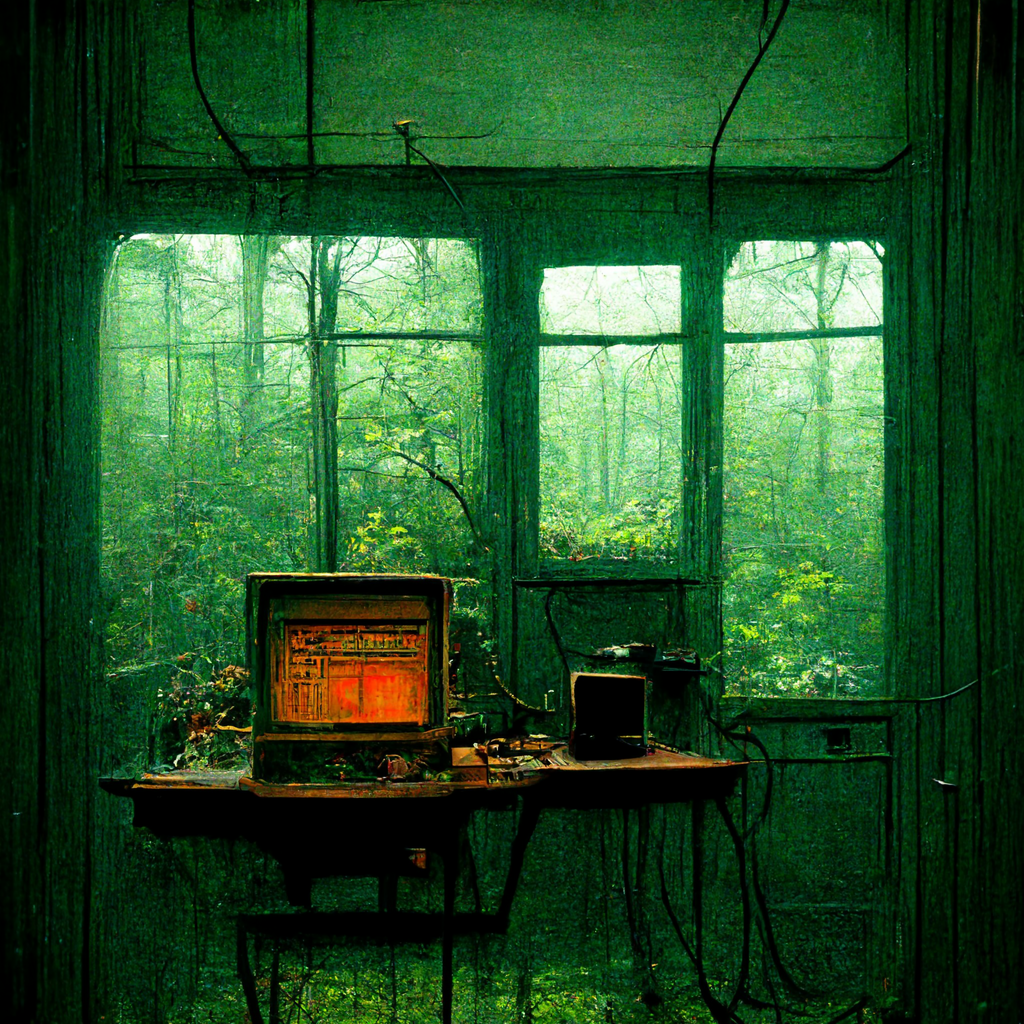an old computer powered on in a dark green room with wires from ceiling in front of a window, a forest outside window