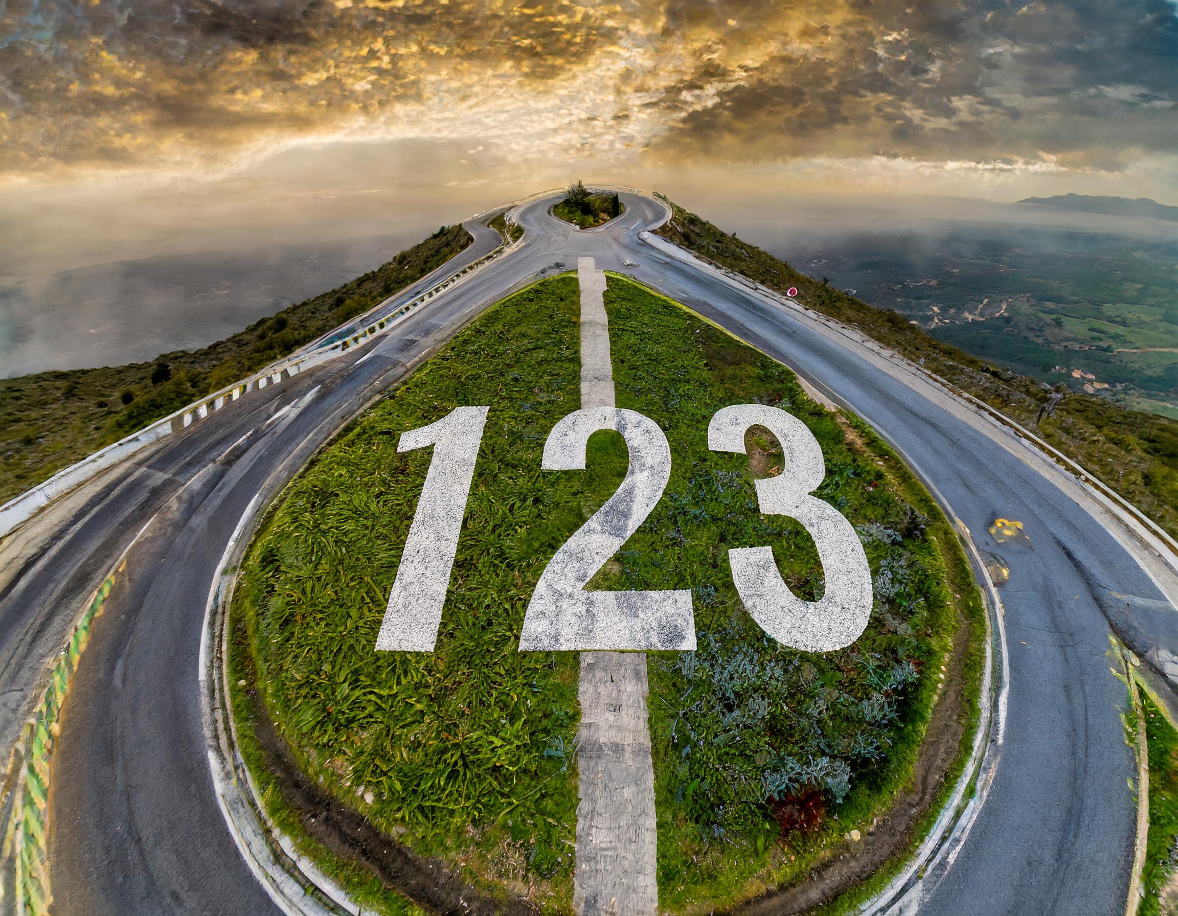 Viewed from above, many roads leading into a point where the number 123 is written. Image generated with Adobe Firefly.