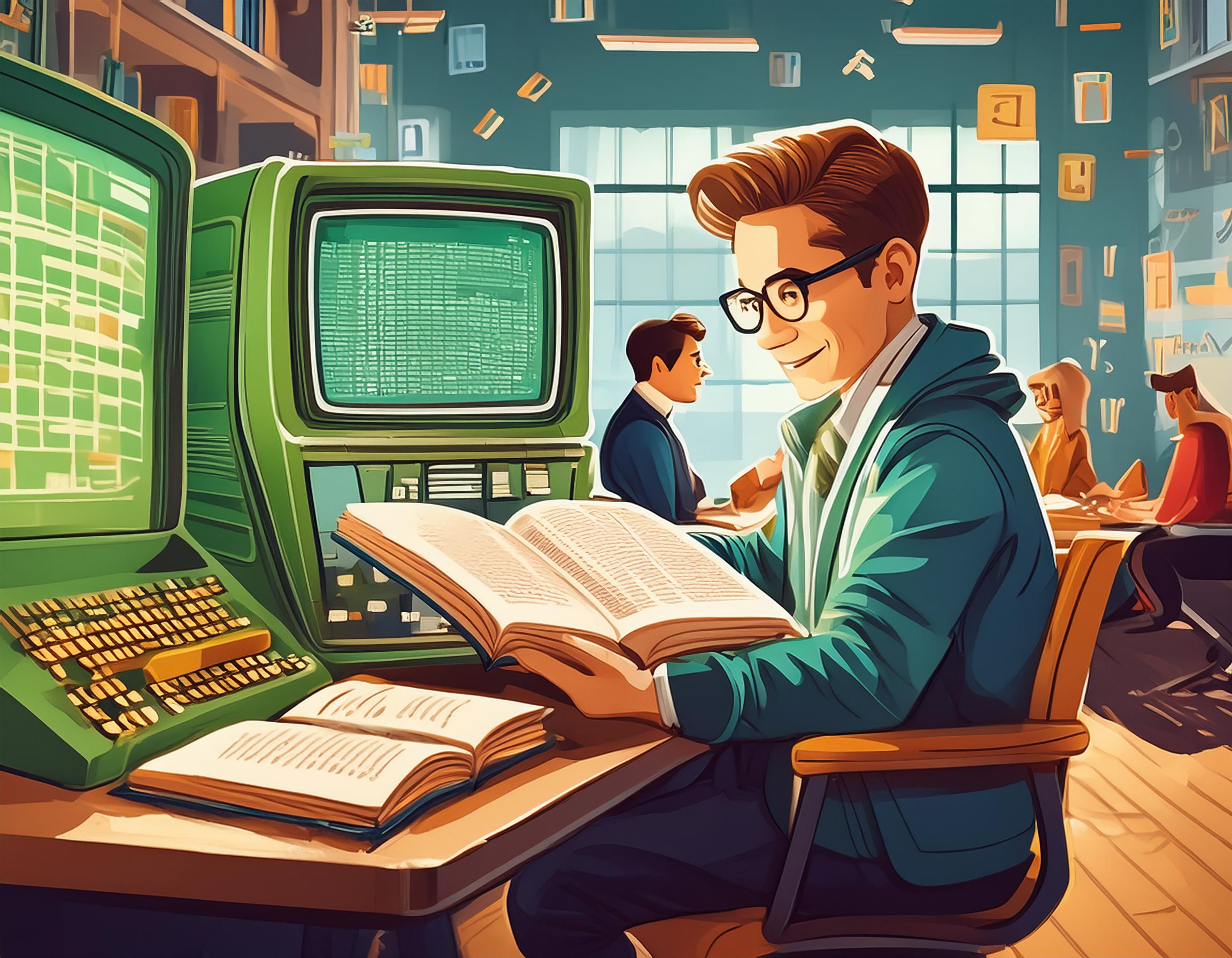 En programmerer som sitter i et rom foran en stor gammeldags datamaskin med grønn terminal og leser fra en stor ordbok. Folk som spiller scrabble på et bord i bakgrunnen.