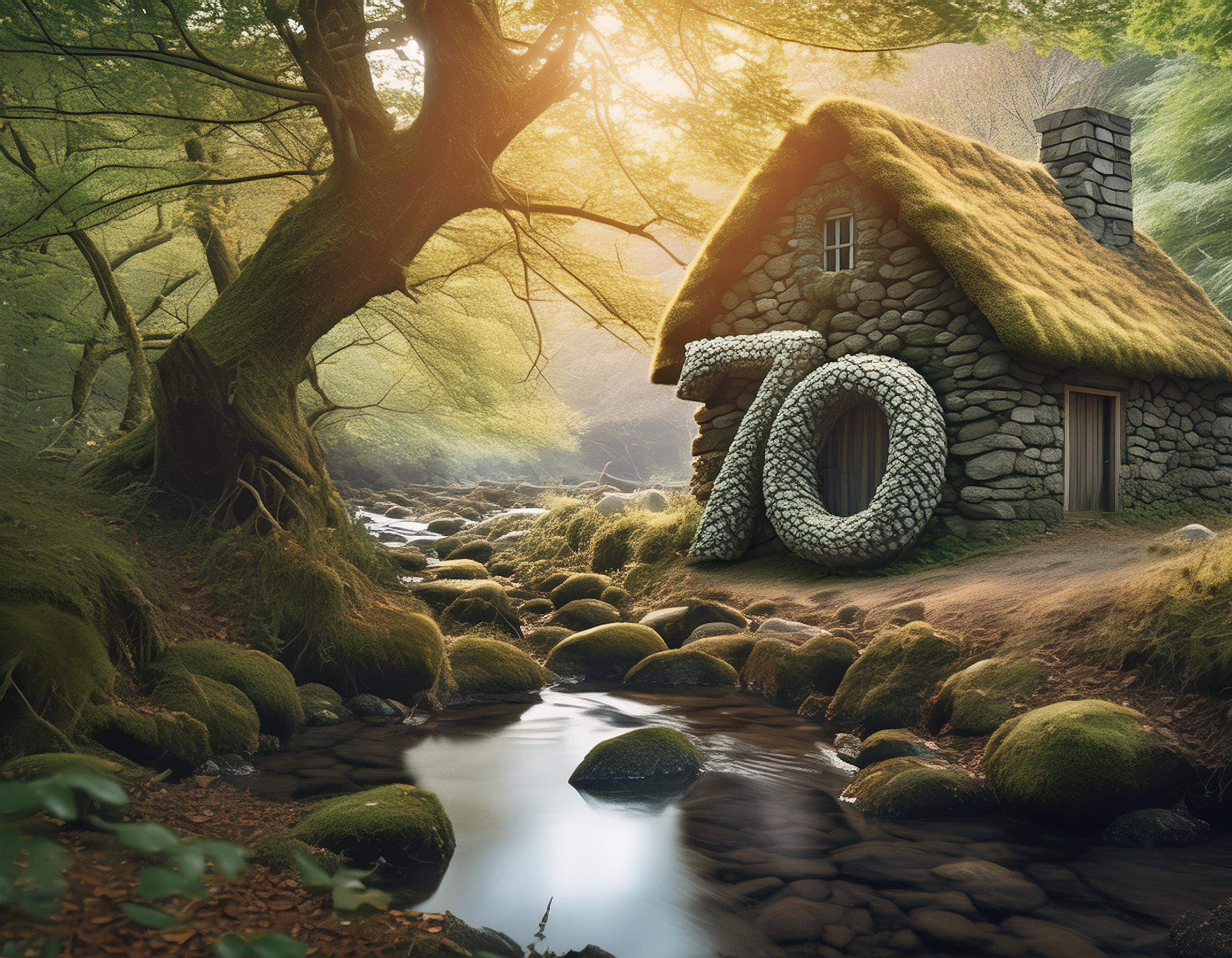an old cobblestone house in the woods near a stream with the number 70 on the house. Image generated by Adobe Firefly