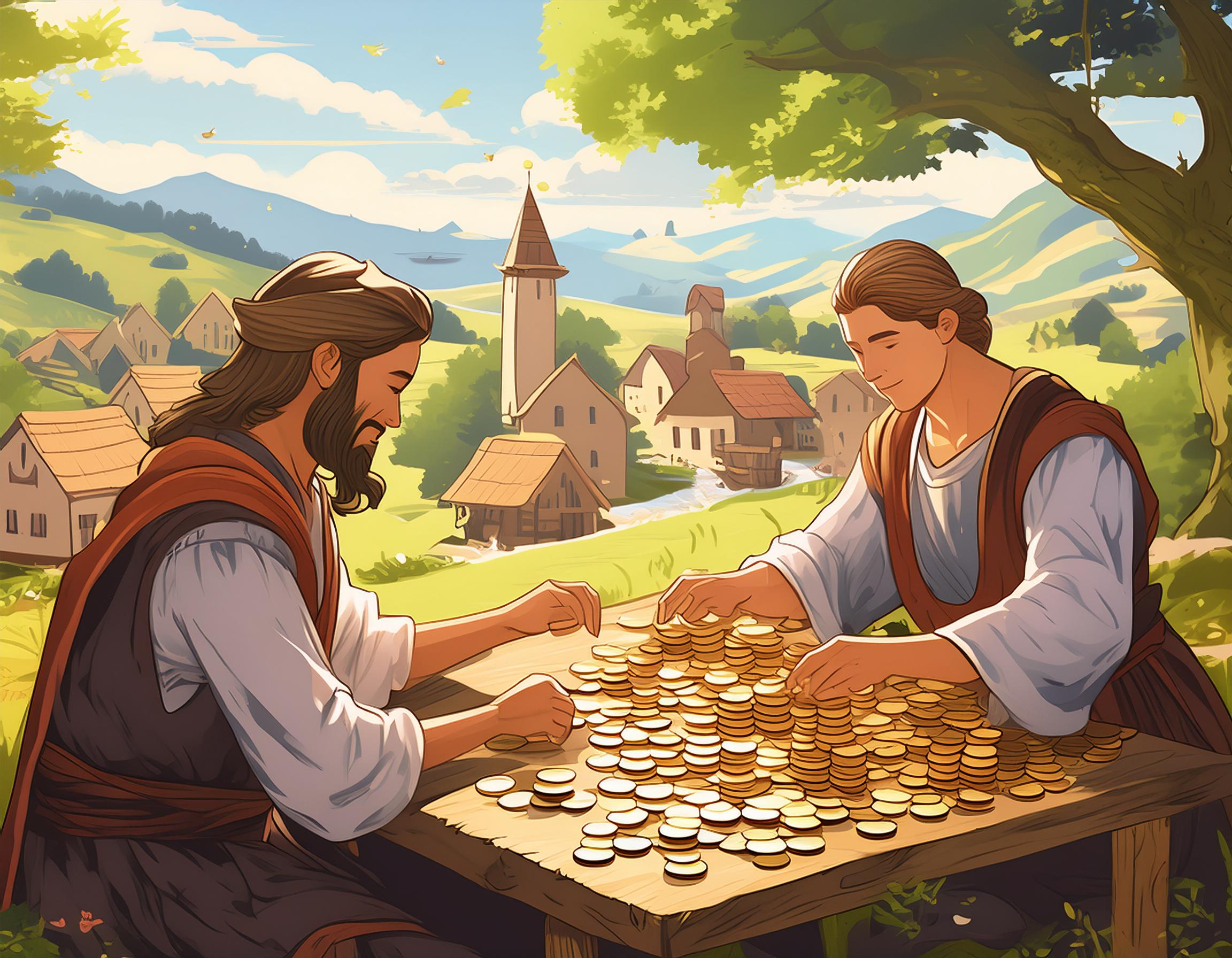 folk som gjør matte med mynter og polletter i middelalderen, en landsby og naturen i bakgrunnen.